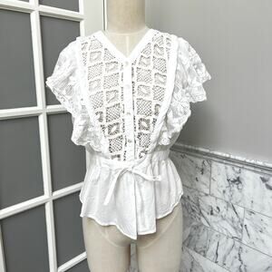Place Nationale White Crochet V-Neck Tie Waist Blouse Size 2